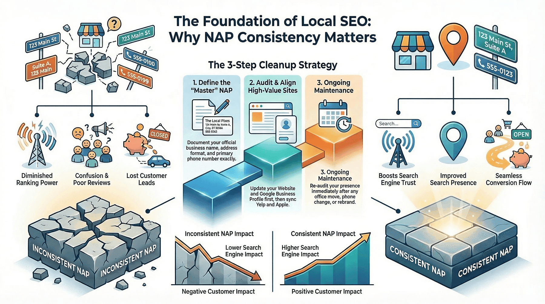 Infographic of local SEO foundations, including consistent name, address, and phone data