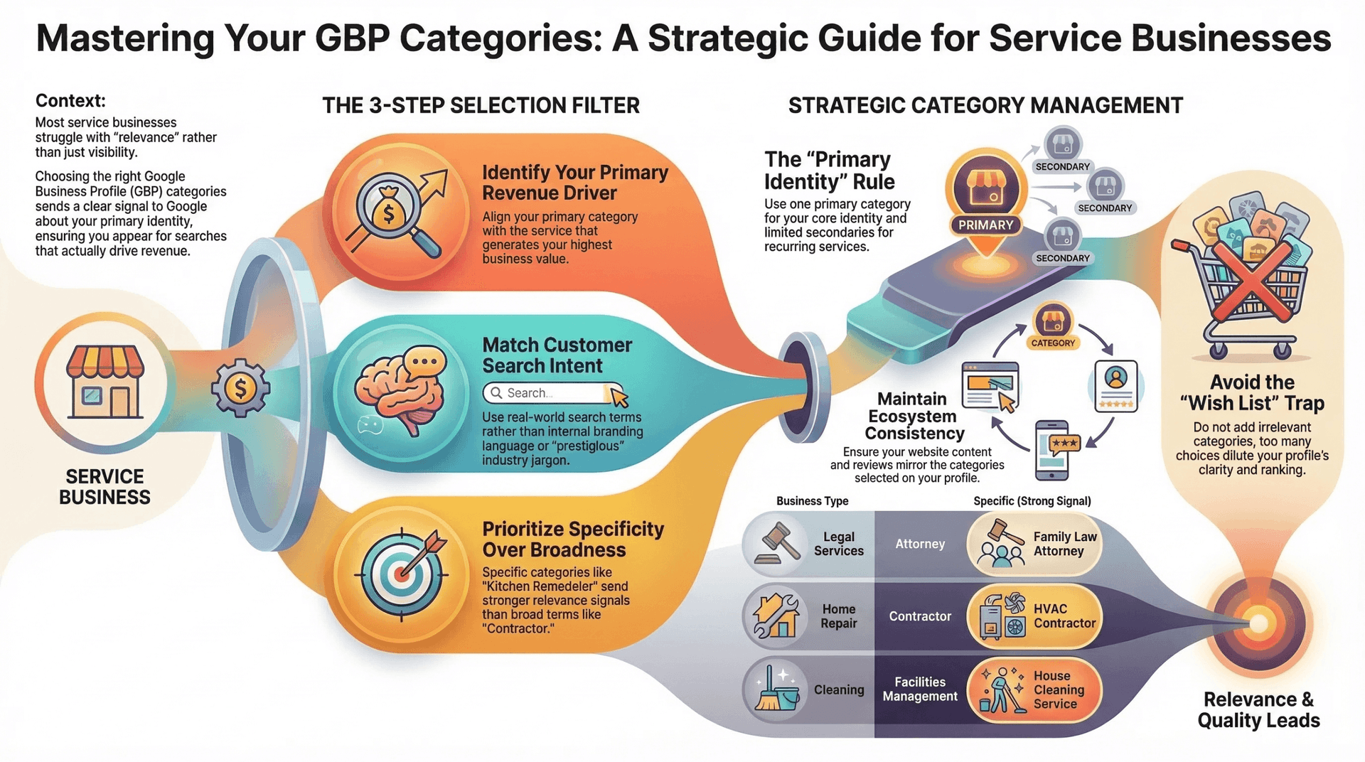 Chart showing how to choose primary and secondary Google Business Profile categories for a service business