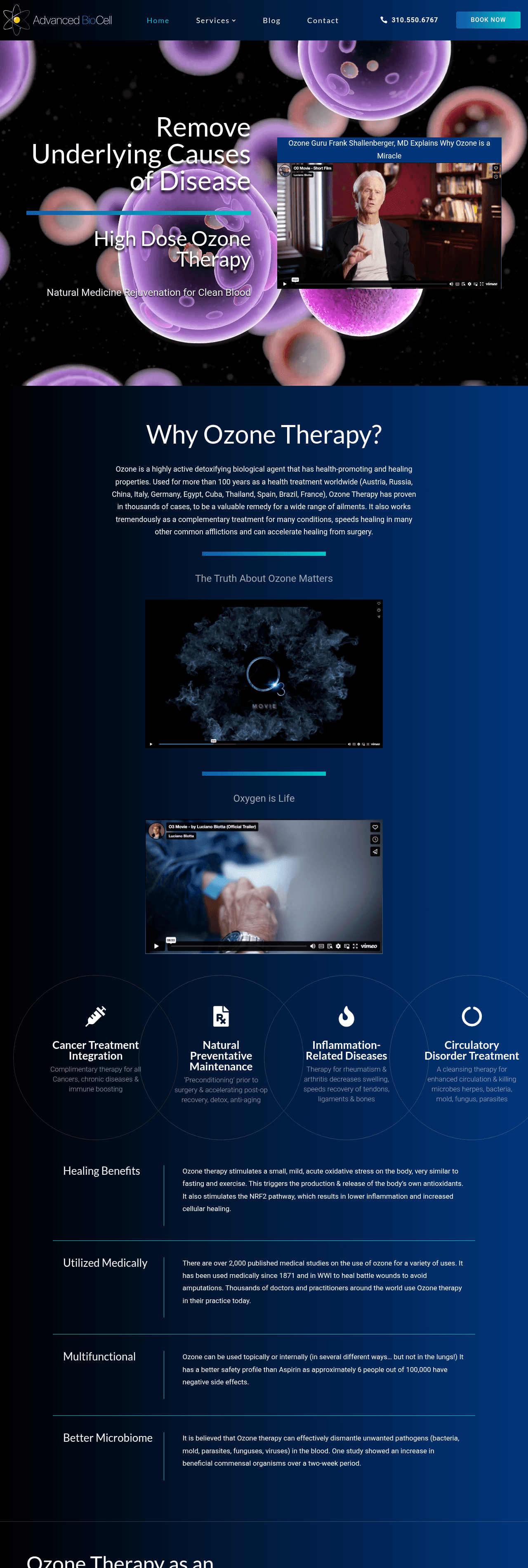 Full Advanced BioCell homepage showing the ozone therapy explanation, service areas, testimonials, and FAQ