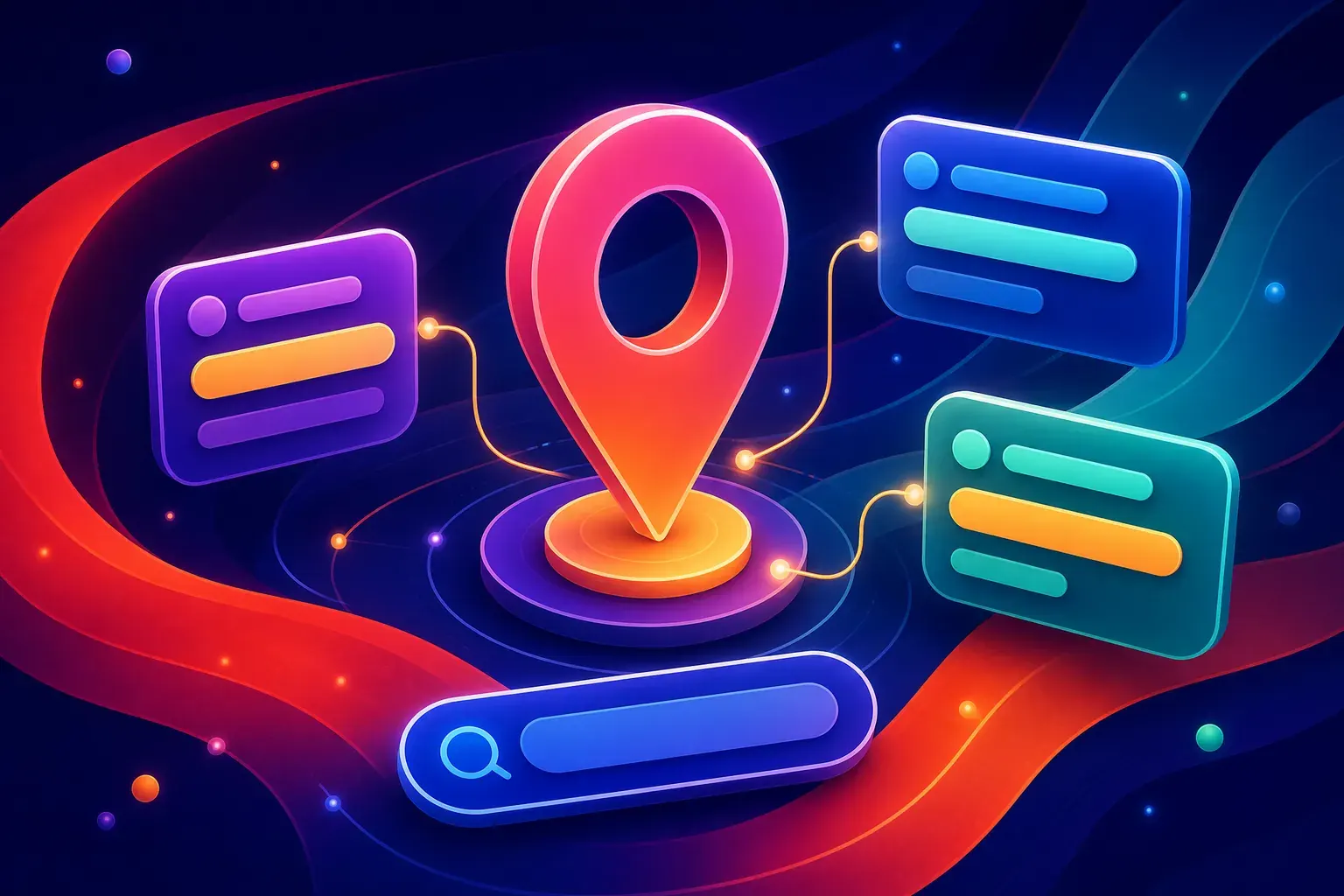Illustration of a glowing map pin on a circular platform, connected by light trails to three floating answer cards of abstract bars and a rounded search field, over diagonal crimson and teal ribbon waves on a midnight-navy ground.