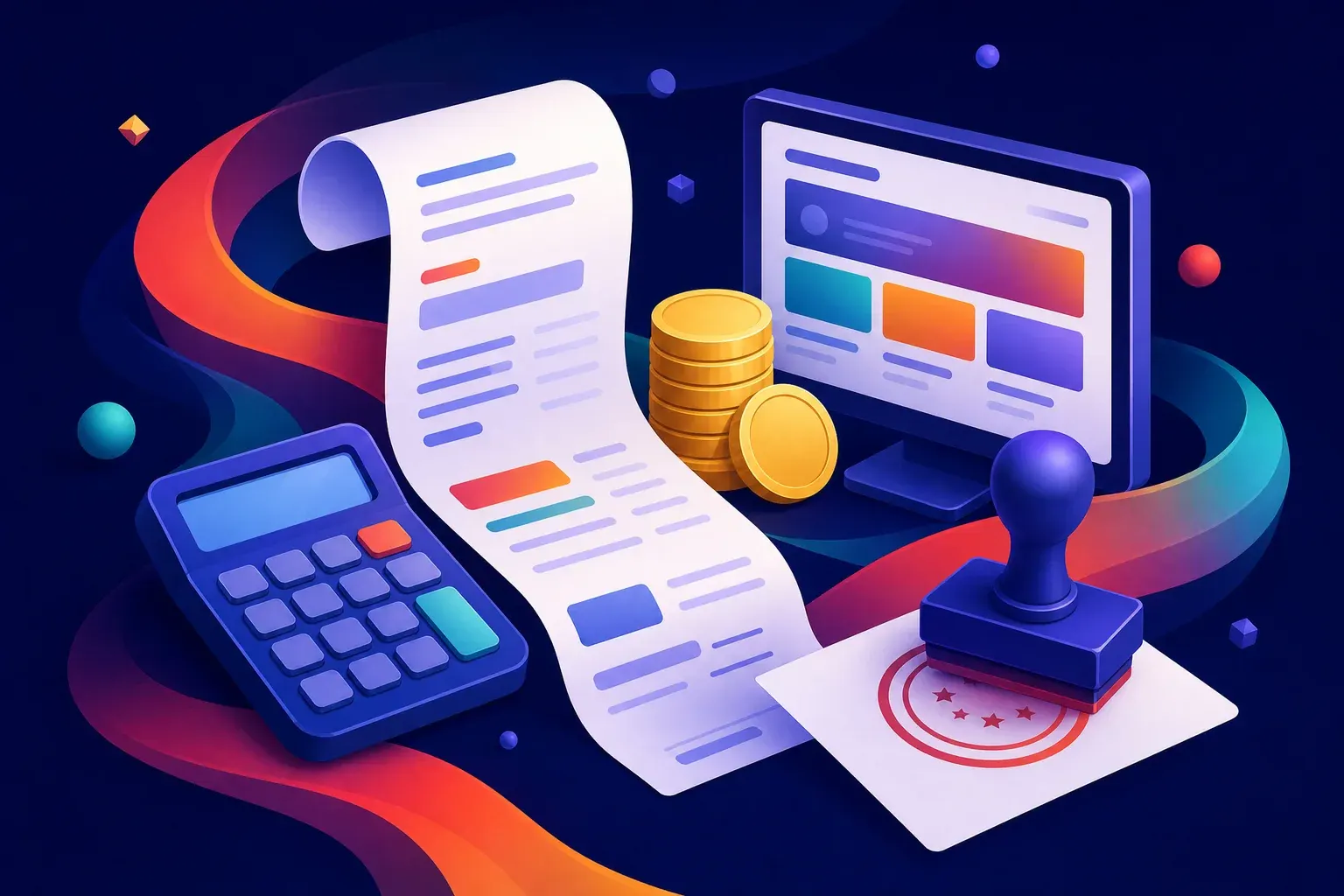 Illustration of a curling receipt of abstract bars unrolling past a calculator, with a stack of gold coins, a small monitor and an official stamp pressing down.