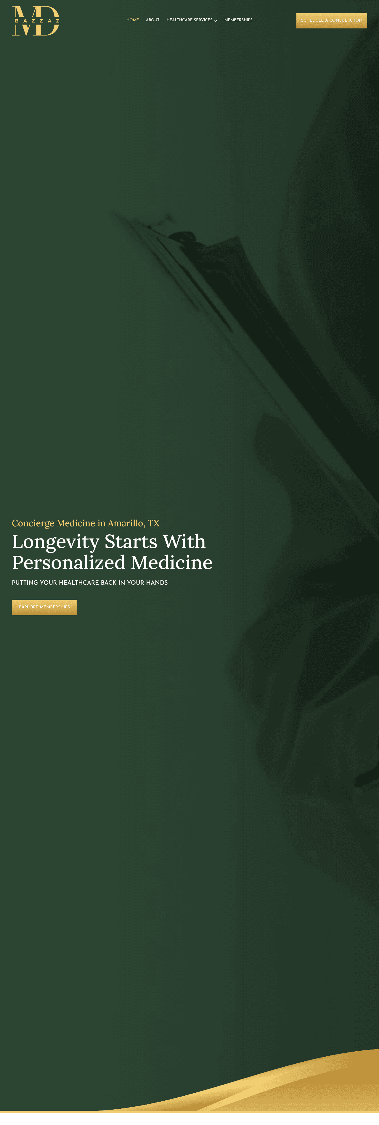 Full BazzazMD homepage showing service groups, membership tiers, physician bio, and consultation offer