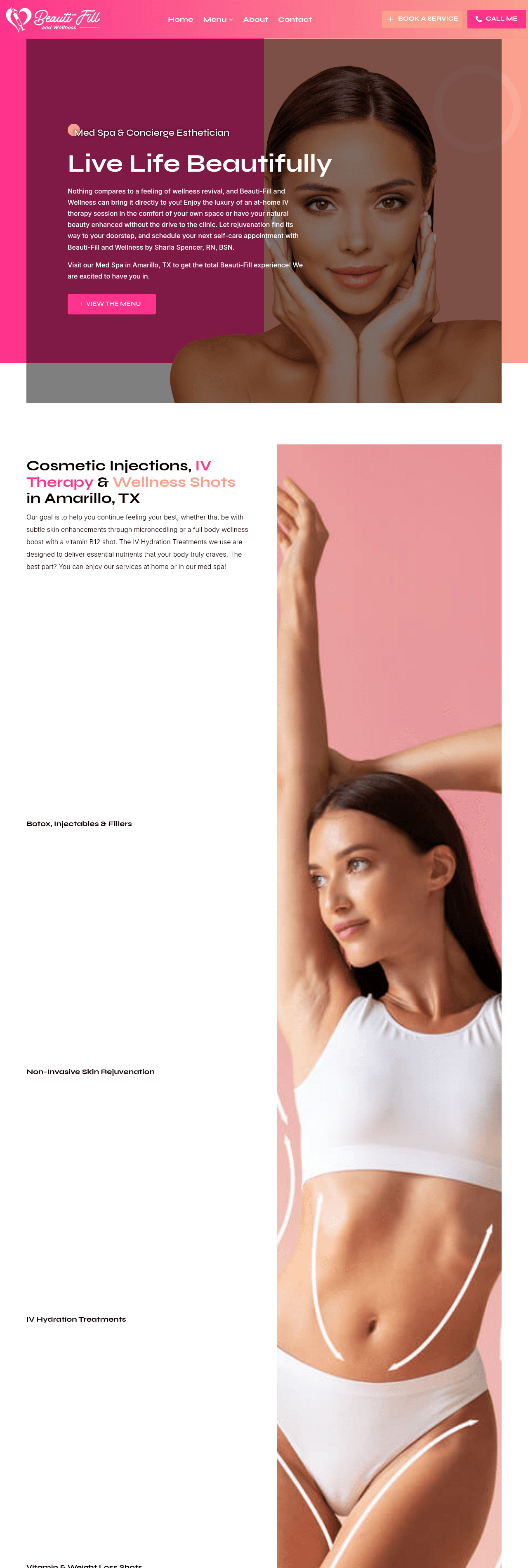 Full-length view of the Beauti-Fill homepage showing the service menu and benefits sections