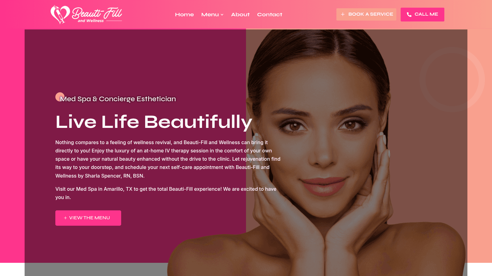 Beauti-Fill and Wellness homepage with the med spa headline and booking button