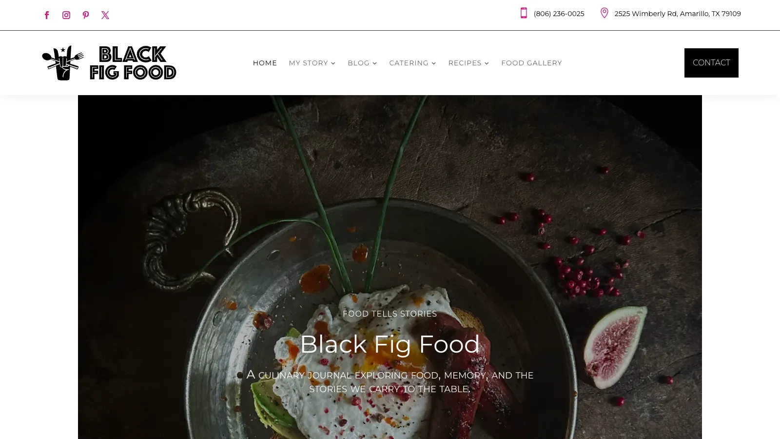 Black Fig Food homepage, a moody food-photography hero for an Amarillo catering brand