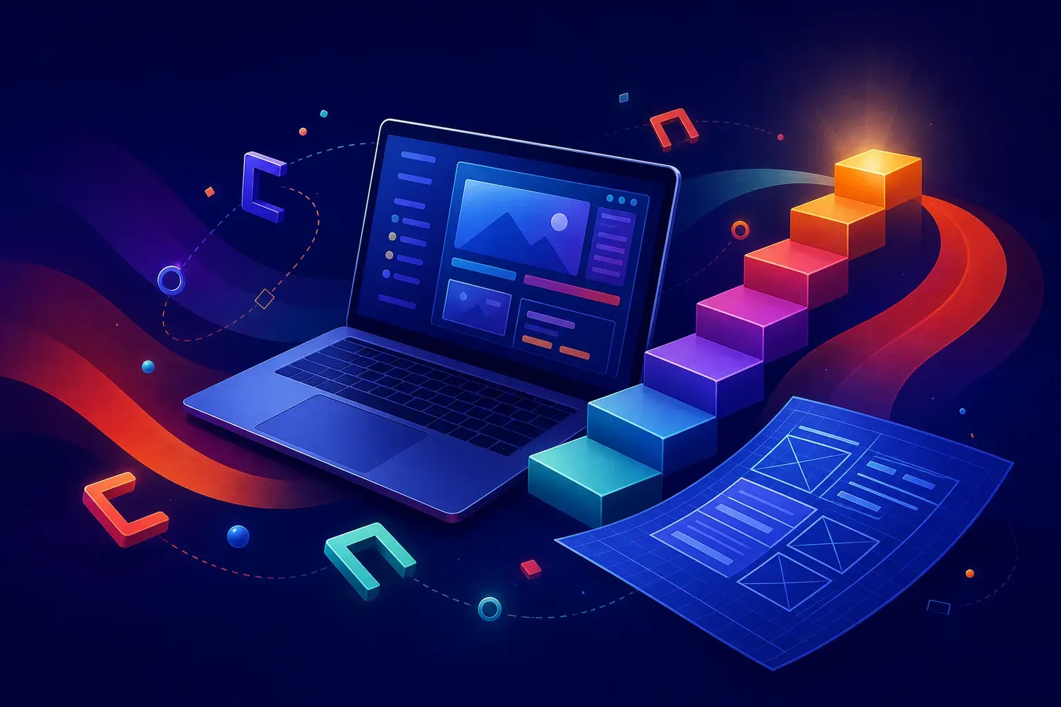 Illustration of an open laptop showing an abstract wireframe layout, with a rising staircase of glowing blocks climbing beside it and a floating blueprint grid, representing learning web design through practice.