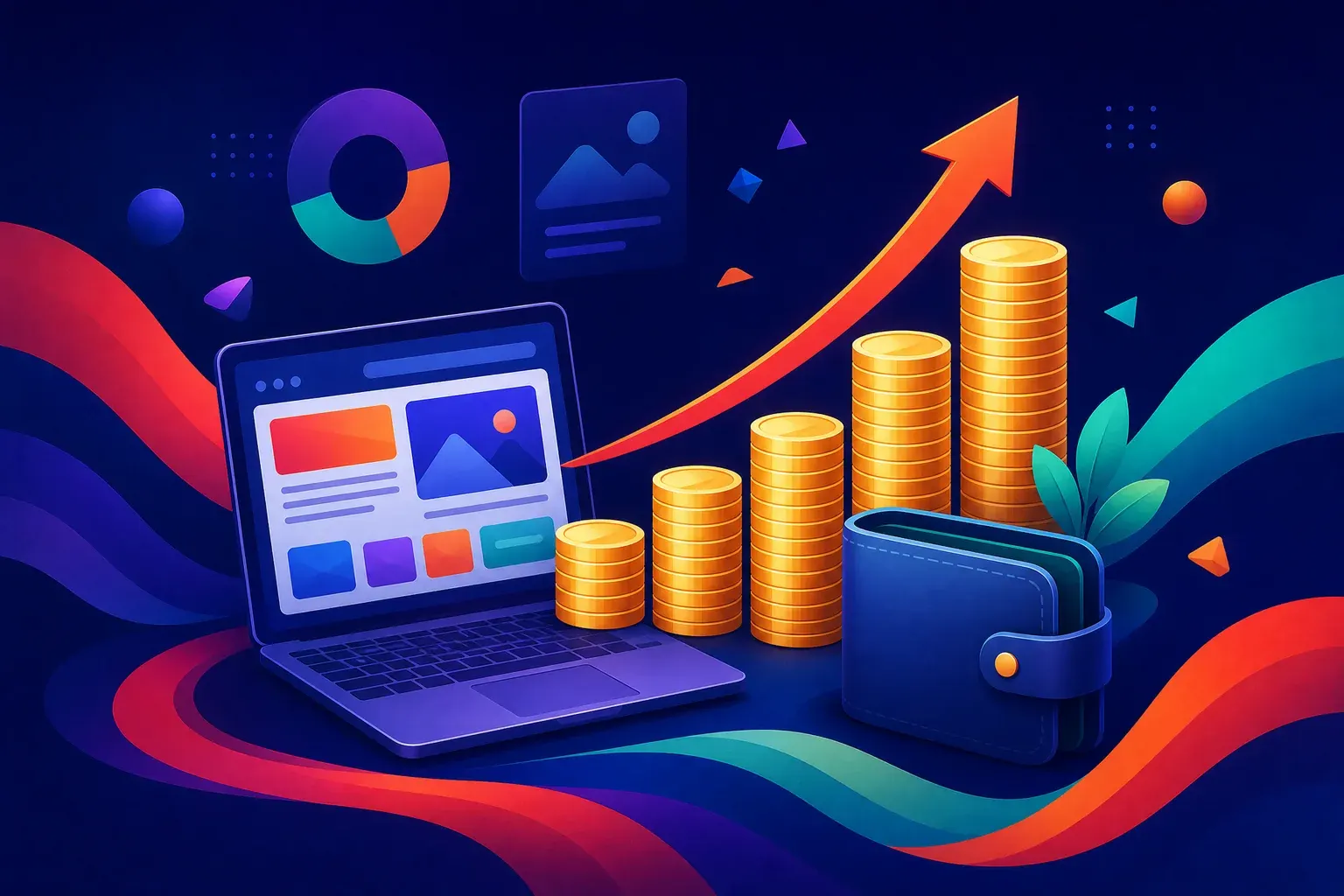 Illustration of tall stacks of gold coins rising like a bar chart with a bold upward arrow sweeping over them, a laptop showing an abstract layout at the base and a wallet shape.