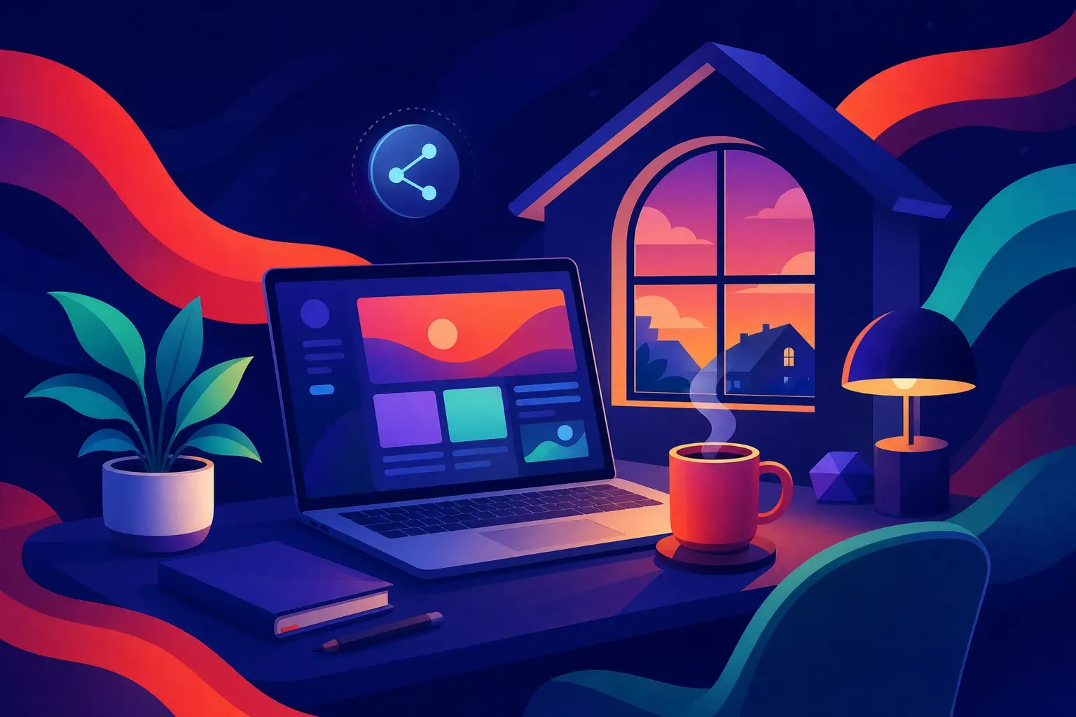 Illustration of a home desk rendered as clean geometry, with a laptop showing an abstract layout, a potted plant, a coffee cup and an arched window under a house roofline.