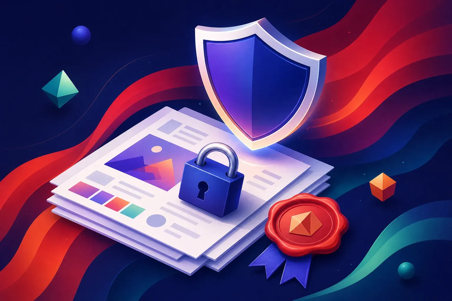 Illustration of a protective shield hovering over a stack of design documents, a closed padlock resting on the top sheet and a wax seal medallion beside them.