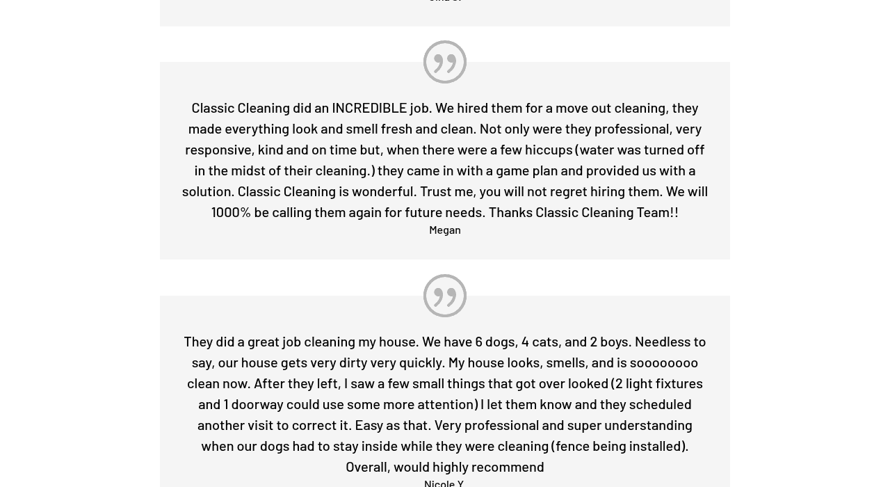 Classic Cleaning lower page with service area, reviews, and a request-a-quote call to action