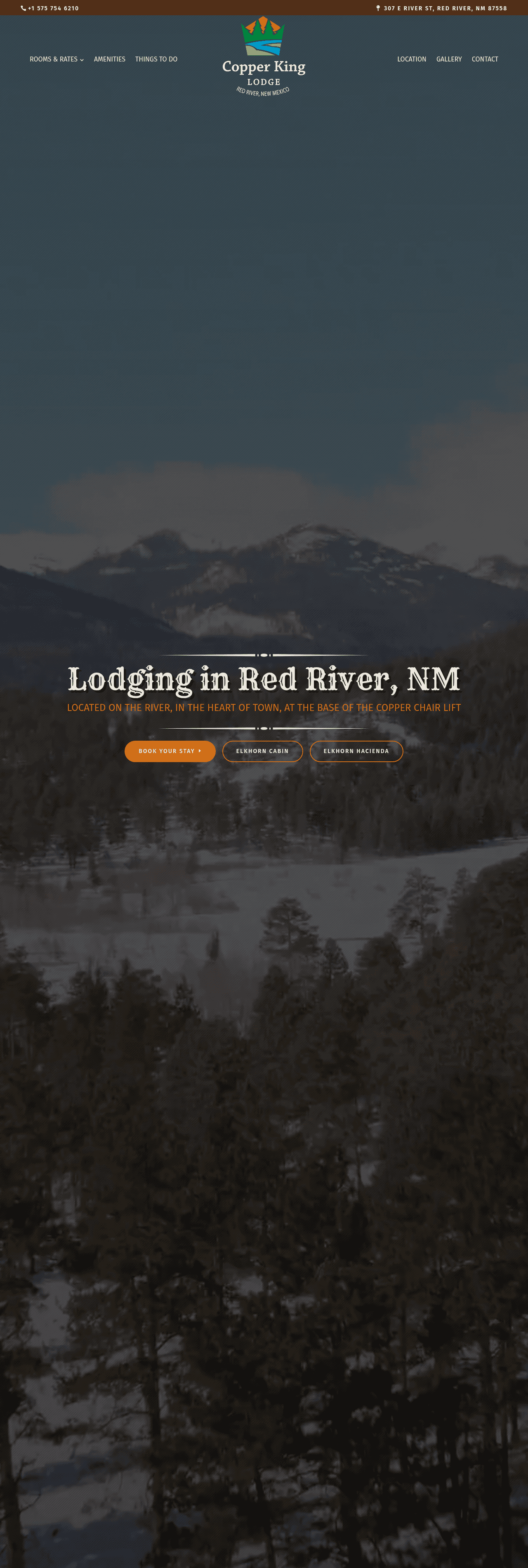 Full-length view of the Copper King Lodge homepage showing rooms, amenities, and activities