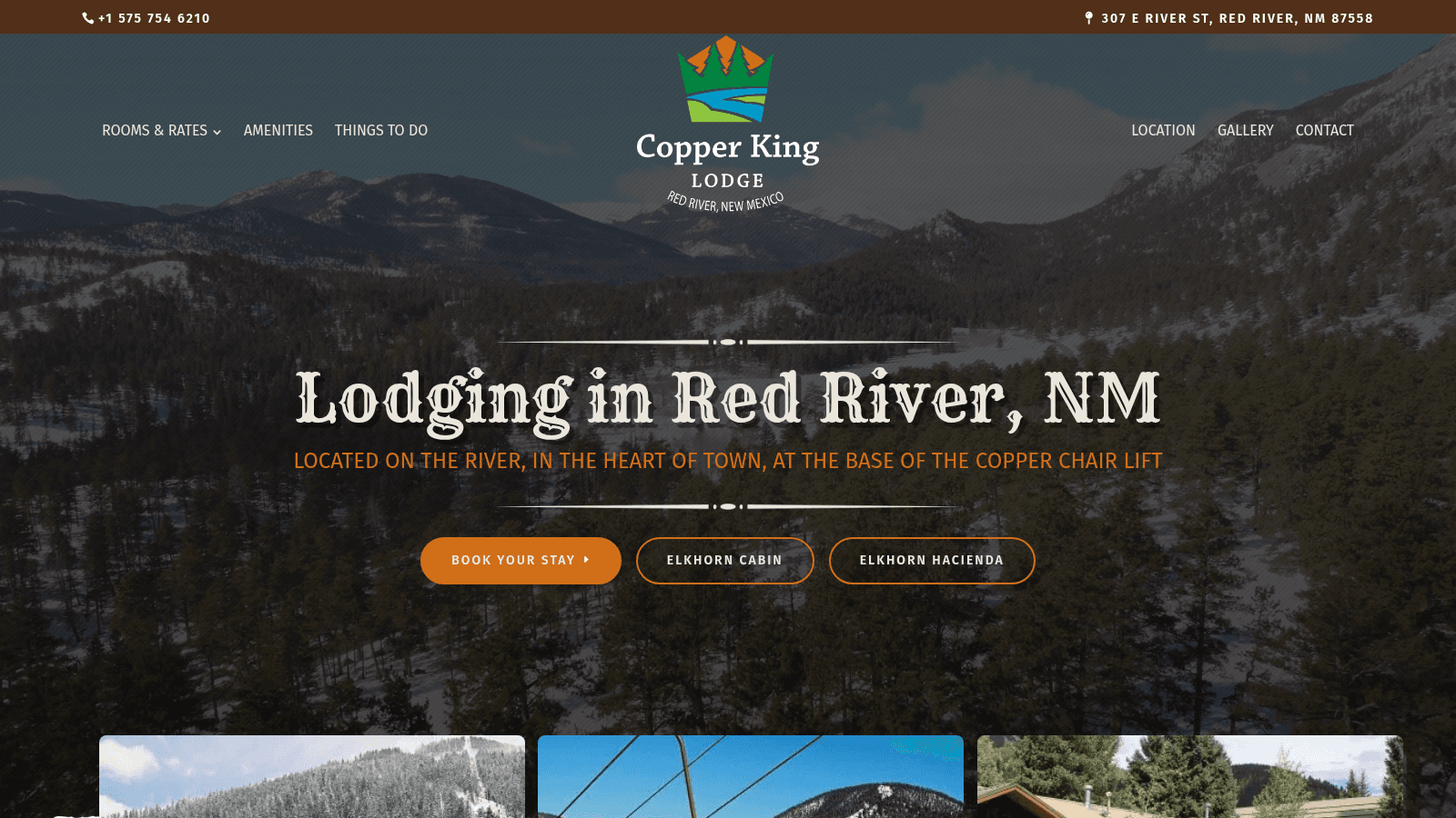 Copper King Lodge homepage with the Red River lodging headline and a booking button