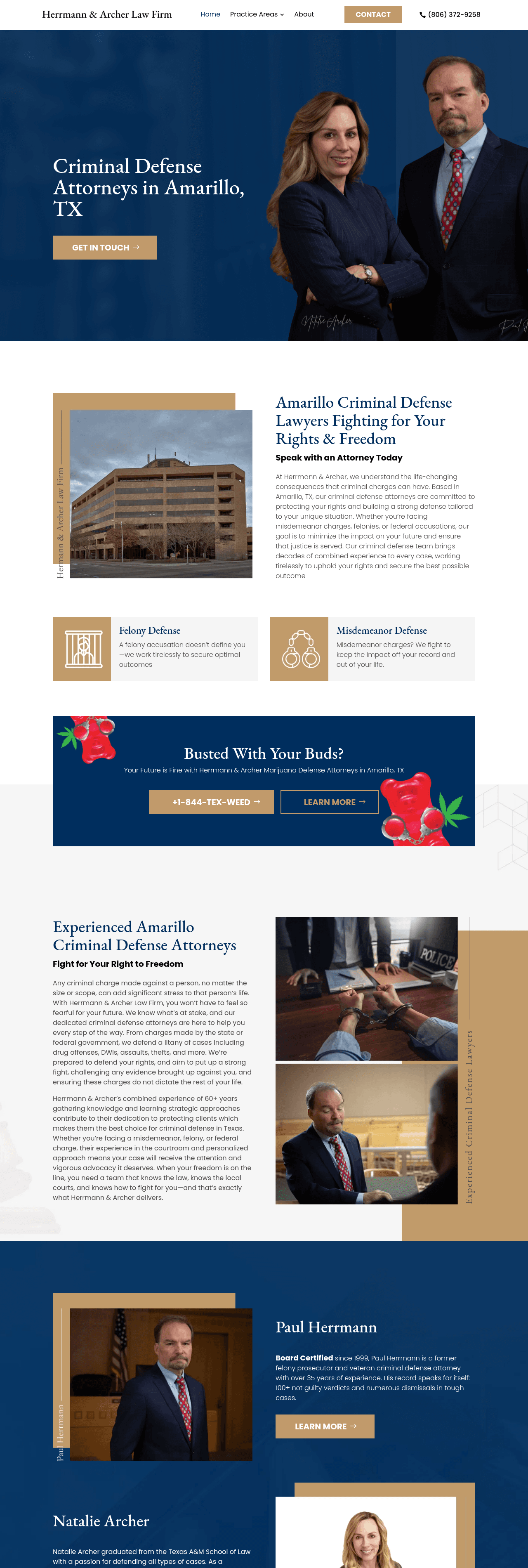 Full Herrmann & Archer homepage showing attorney bios, practice areas, reviews, and FAQ sections