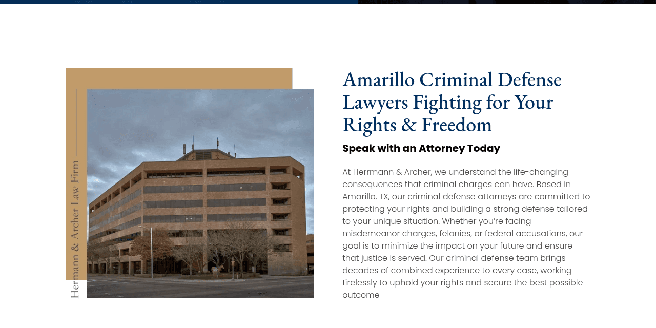 Herrmann & Archer homepage, an Amarillo criminal defense firm with a call-for-help hero