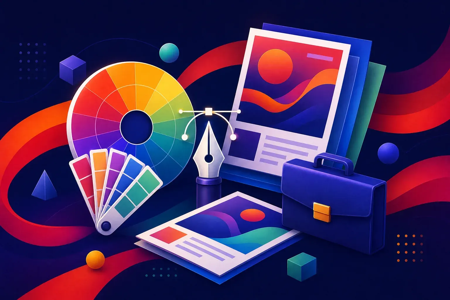 Illustration of a circular colour wheel with segments fanning open, beside a pen tool, layered poster and print sheets stacked at an angle, and a briefcase.