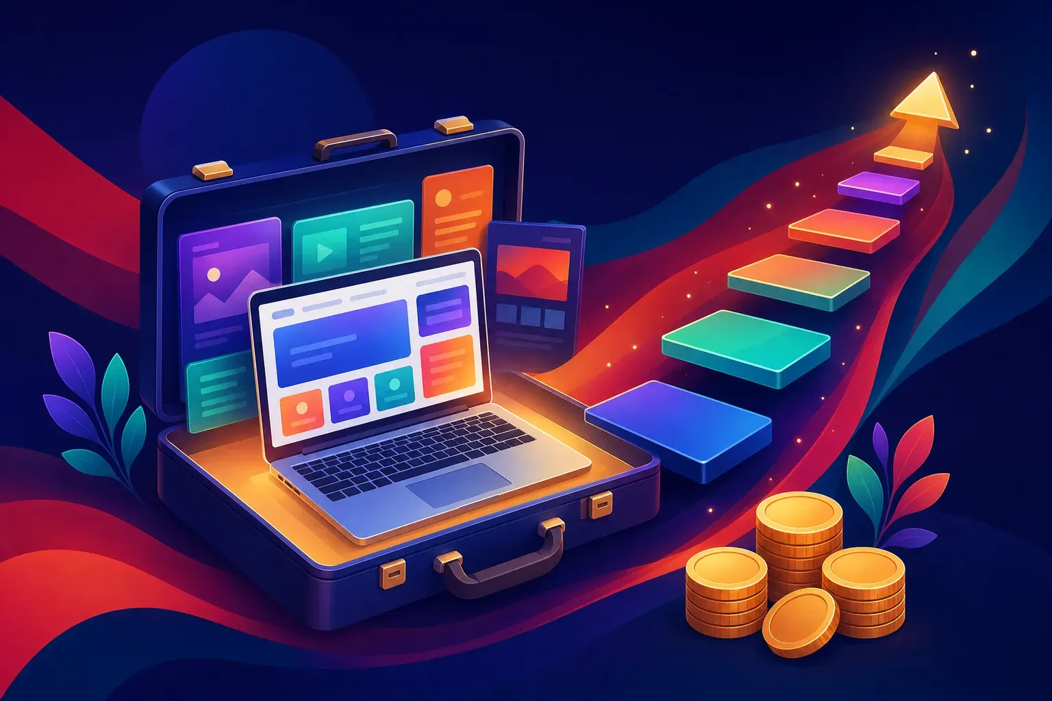 Illustration of a briefcase opening to reveal a glowing laptop and abstract layout panels, with an upward path of stepping blocks and a cluster of gold coins.
