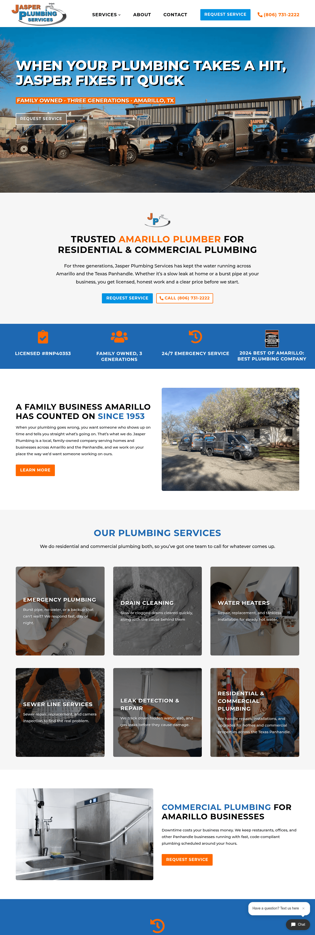 Full-page view of the Jasper Plumbing homepage from hero through services and calls to action