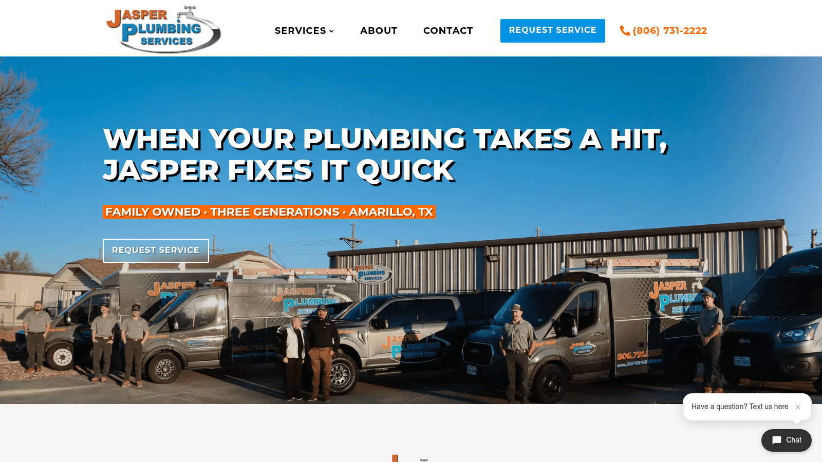 Jasper Plumbing homepage with the service headline and phone number in view