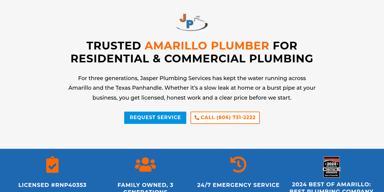 Jasper Plumbing homepage, an Amarillo plumber with the phone number everywhere