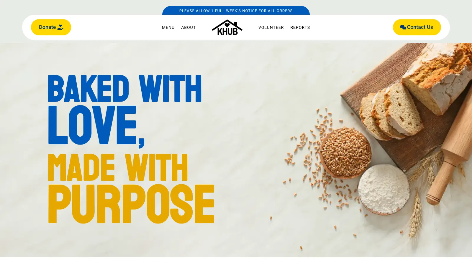 Kind House Ukraine Bakery homepage showing the Amarillo volunteer bakery headline and order call to action