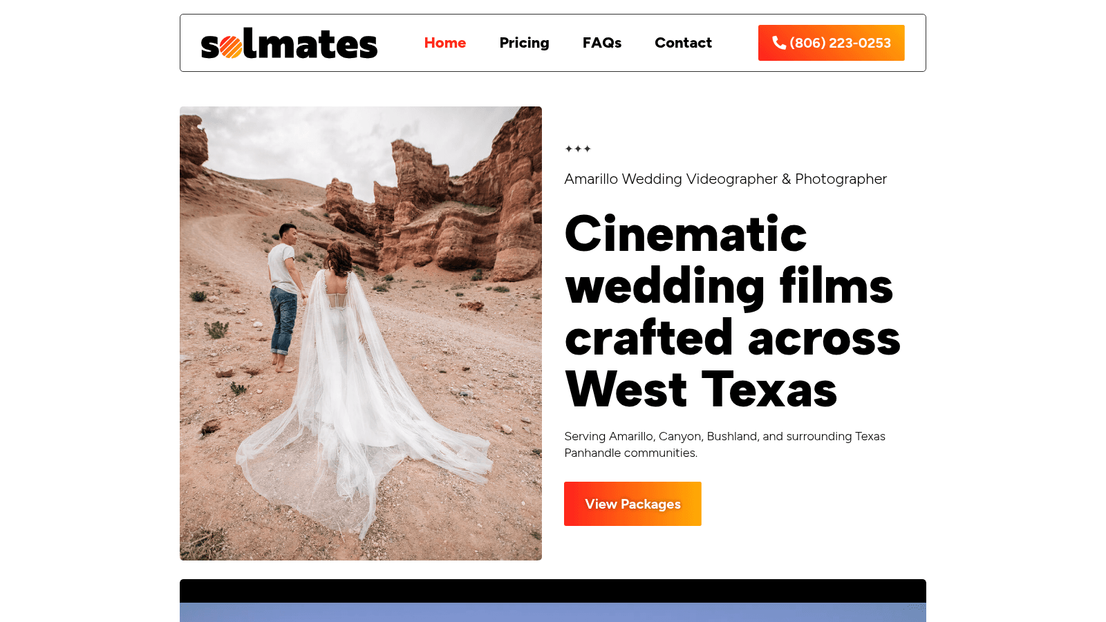 Solmates homepage with the Amarillo wedding videographer headline and package call to action