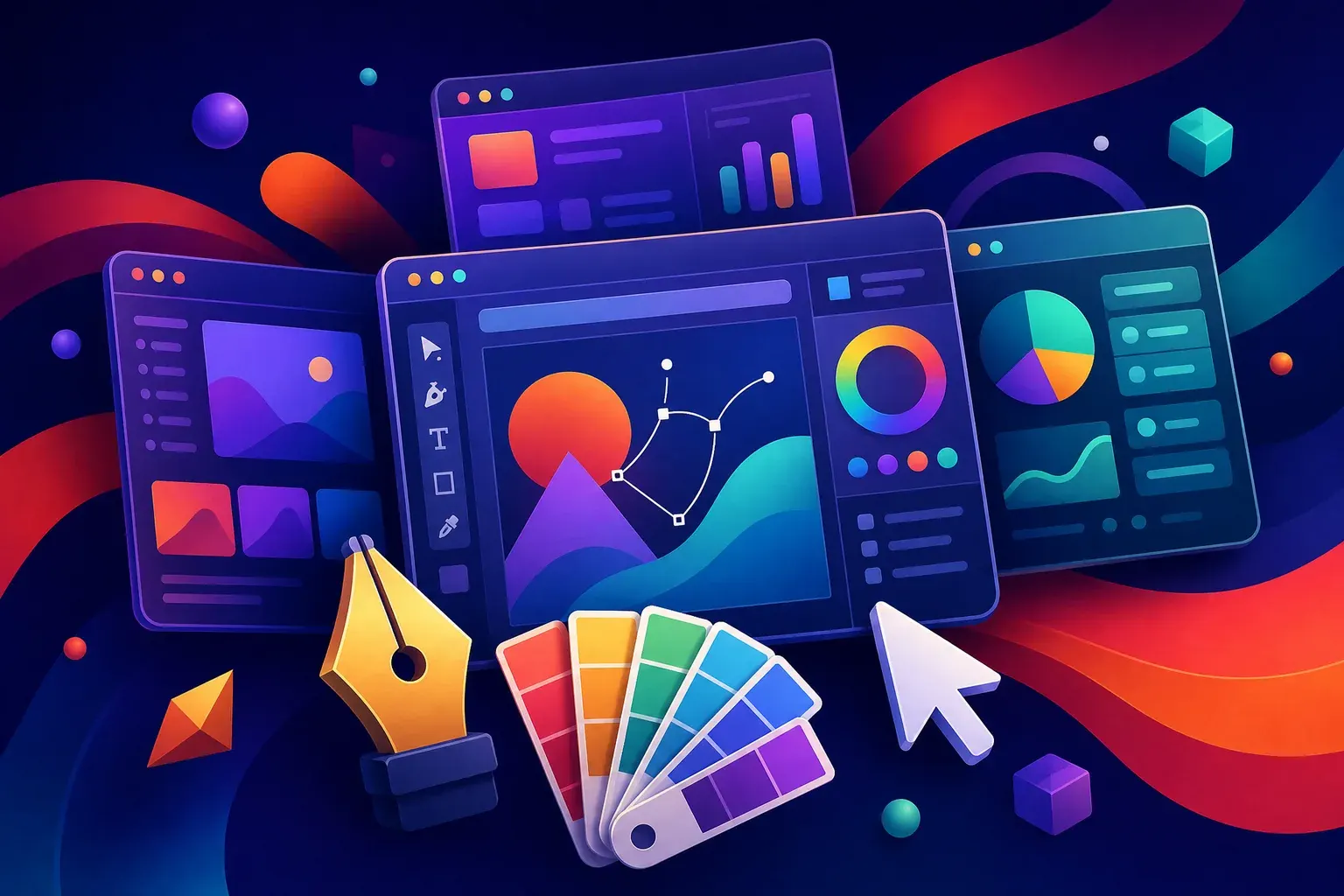 Illustration of overlapping application windows fanned out, each showing a different abstract interface, with a pen tool, colour swatches and a cursor in front.