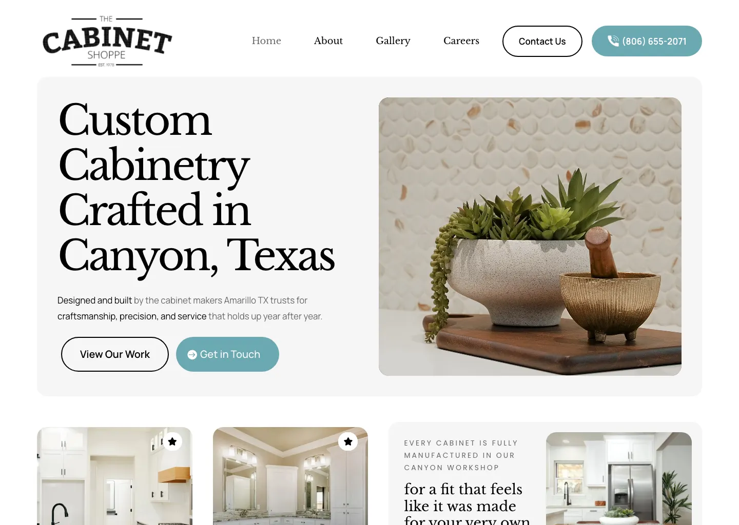 The Cabinet Shoppe homepage, a custom cabinet maker in Canyon, Texas