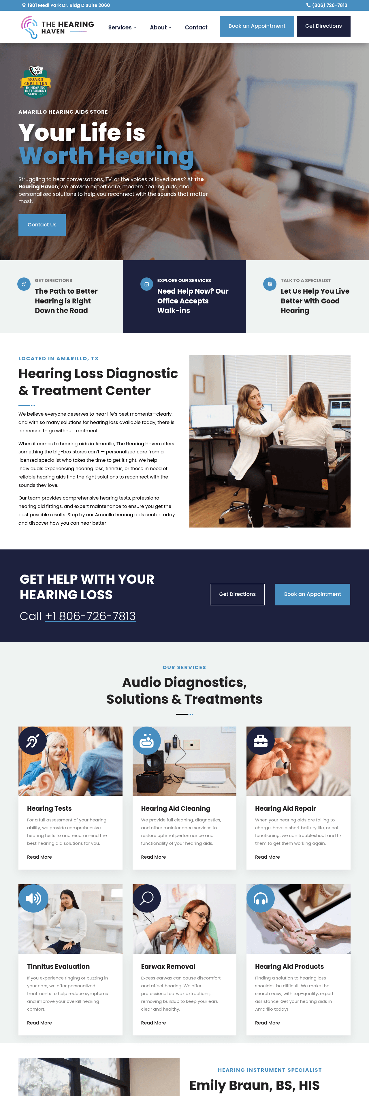 Full-page view of The Hearing Haven homepage from hero through services and booking sections