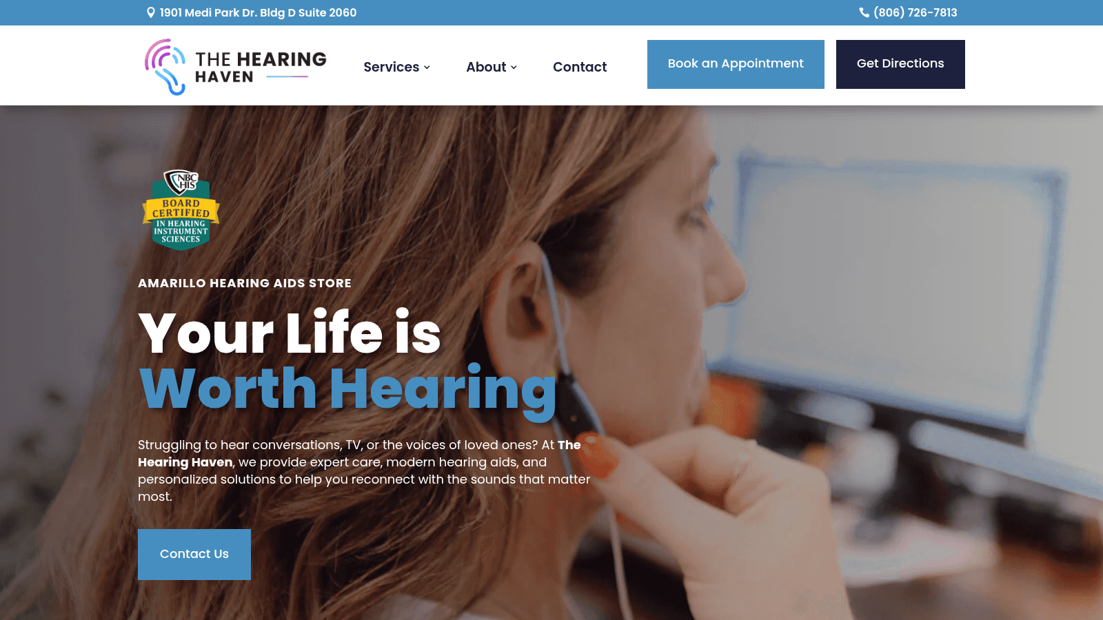 The Hearing Haven homepage with the practice headline and appointment call to action