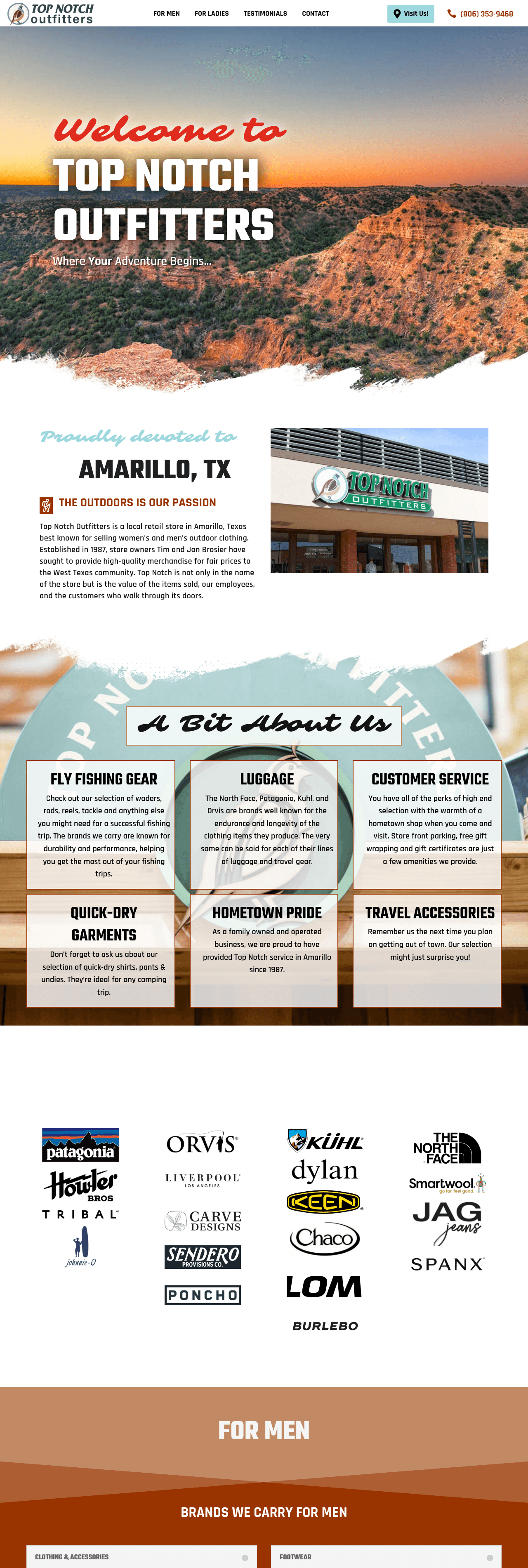 Full-length view of the Top Notch Outfitters page showing the about section and brand lists