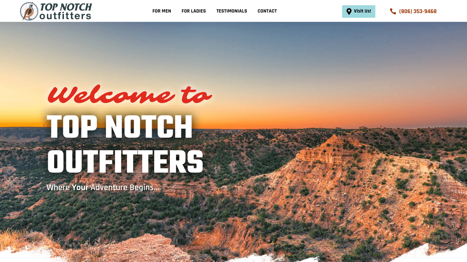 Top Notch Outfitters homepage with the store name and Amarillo, TX headline