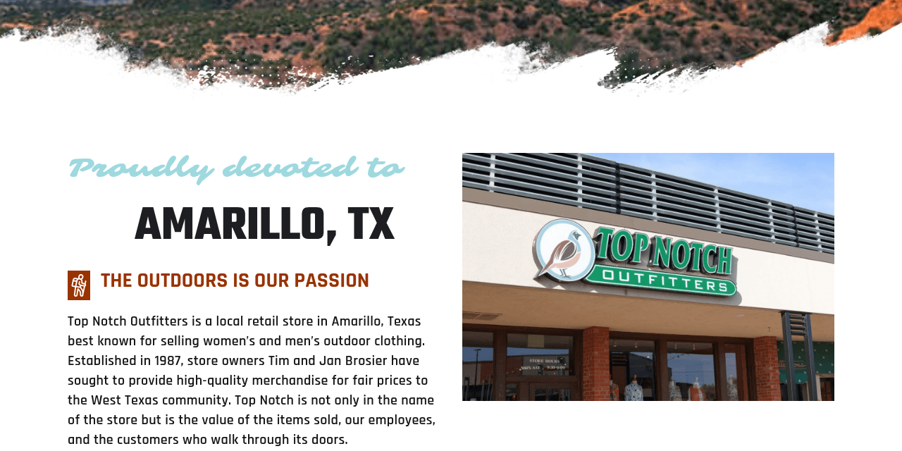 Top Notch Outfitters homepage, a family-owned Amarillo outfitter showing its brands
