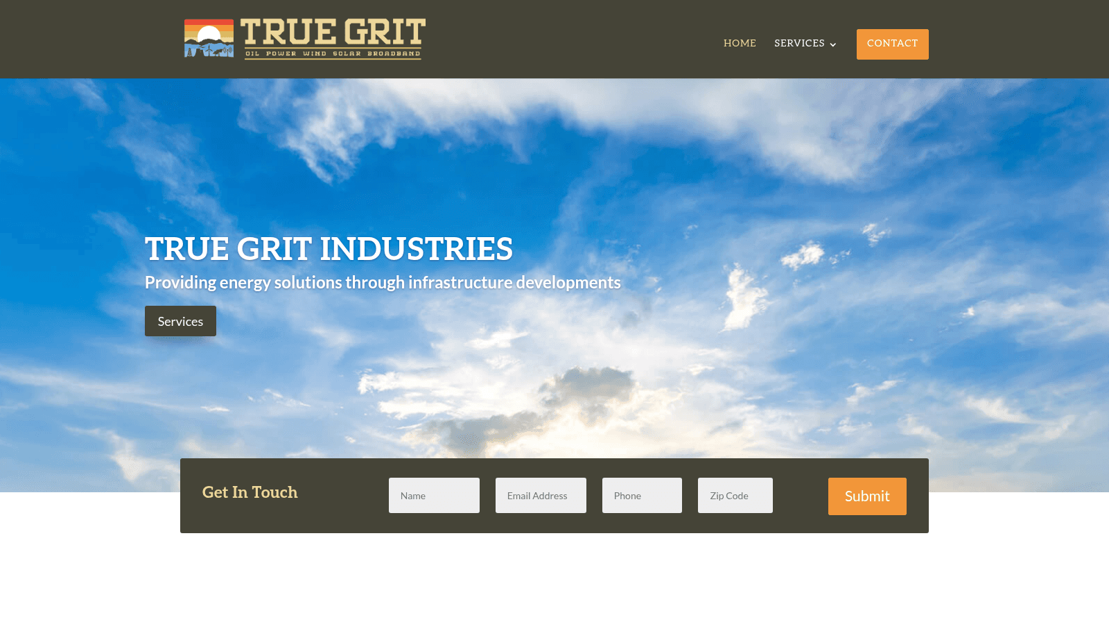 True Grit Industries homepage showing energy infrastructure services