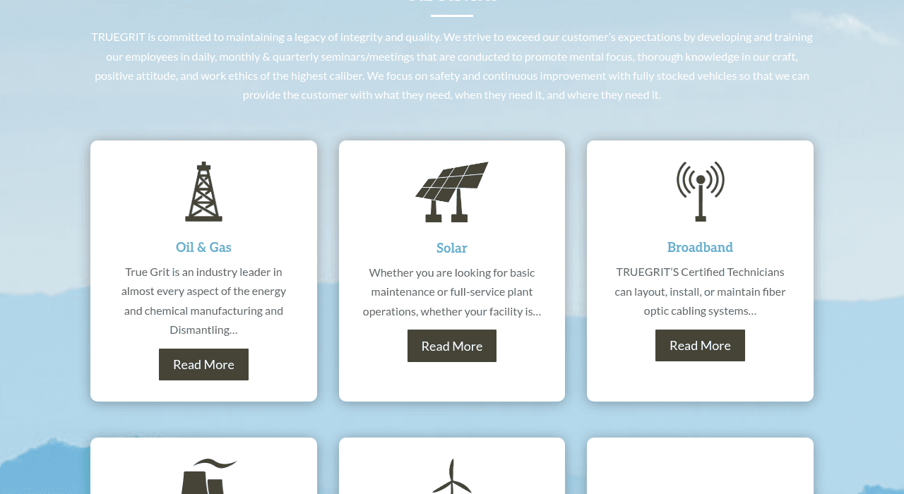 True Grit Industries services section covering its eight industrial service lines