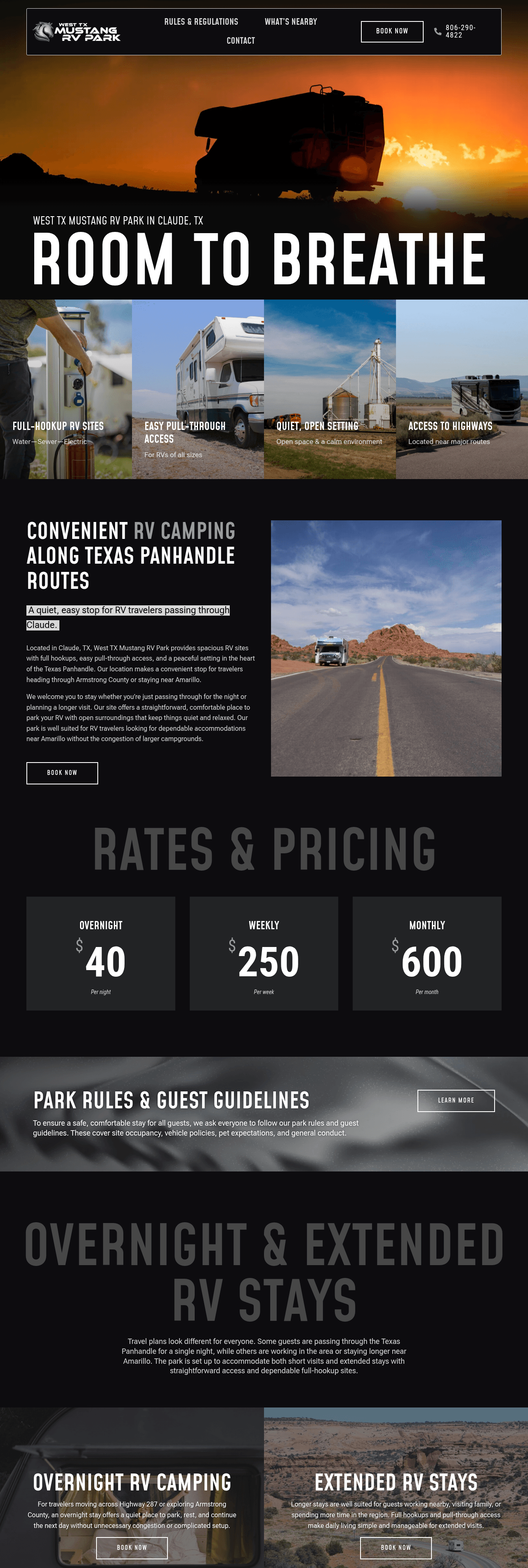 Full homepage of West TX Mustang RV Park including rates, park rules, nearby destinations, and FAQ sections