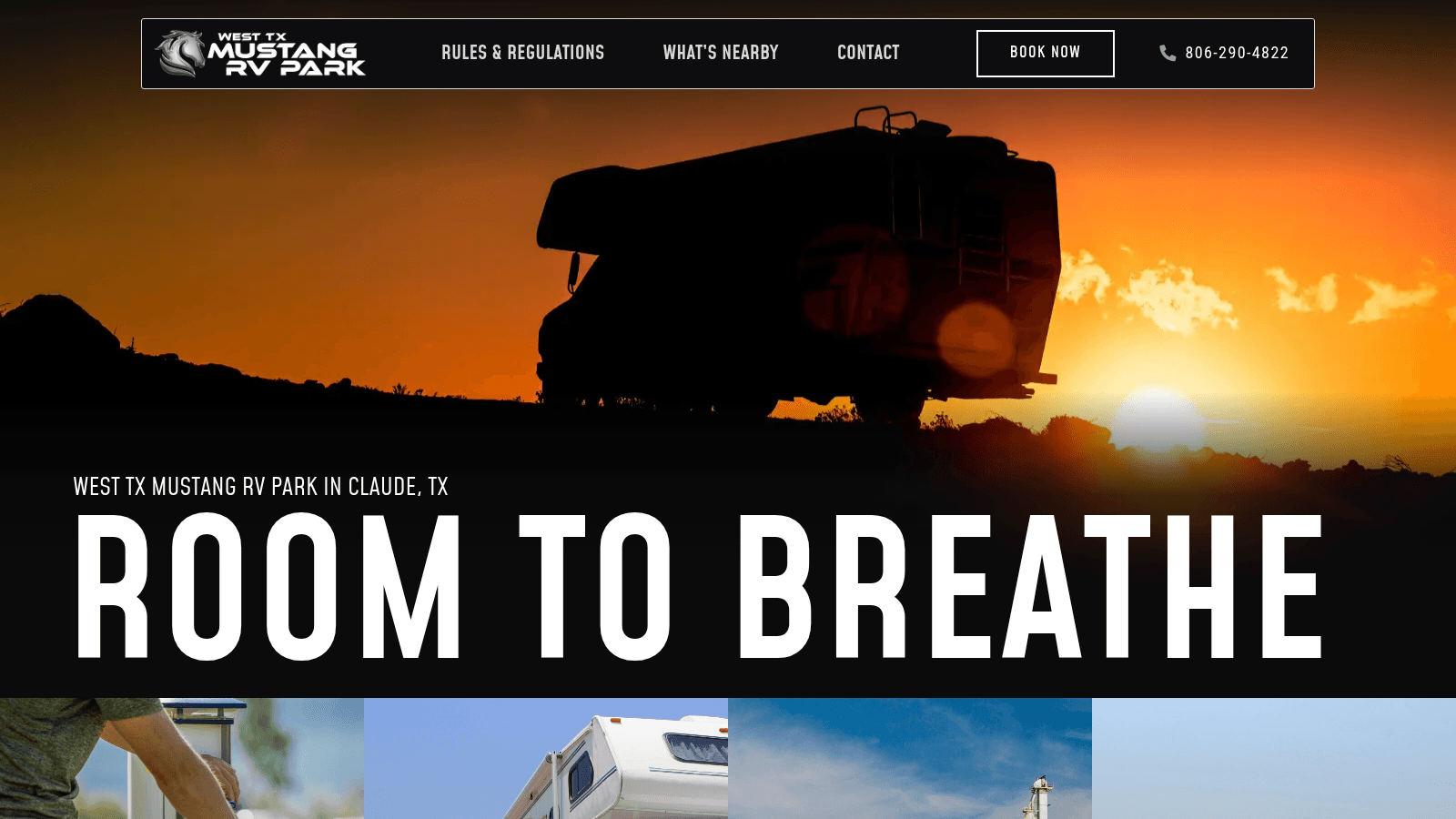 West TX Mustang RV Park homepage showing the park in Claude, Texas with a Book Now button