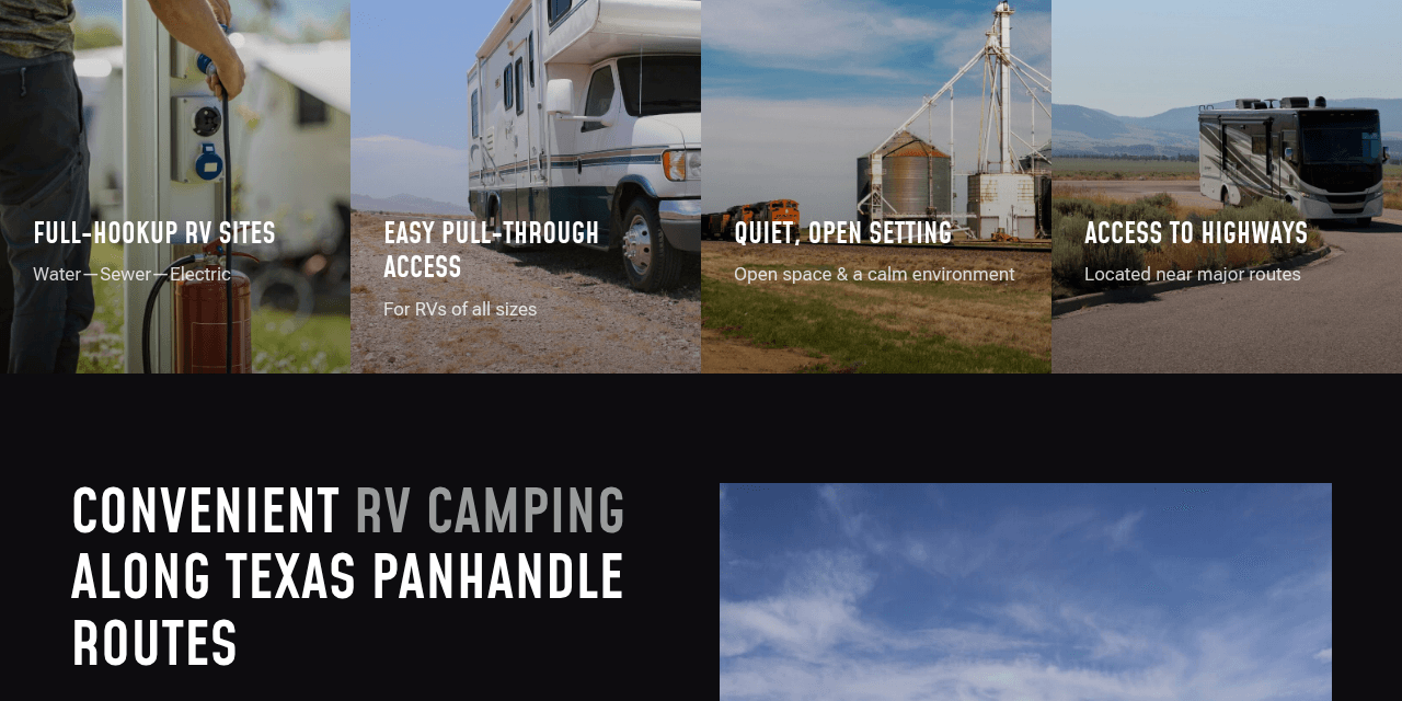 West TX Mustang RV Park homepage with location, rates, and reservations