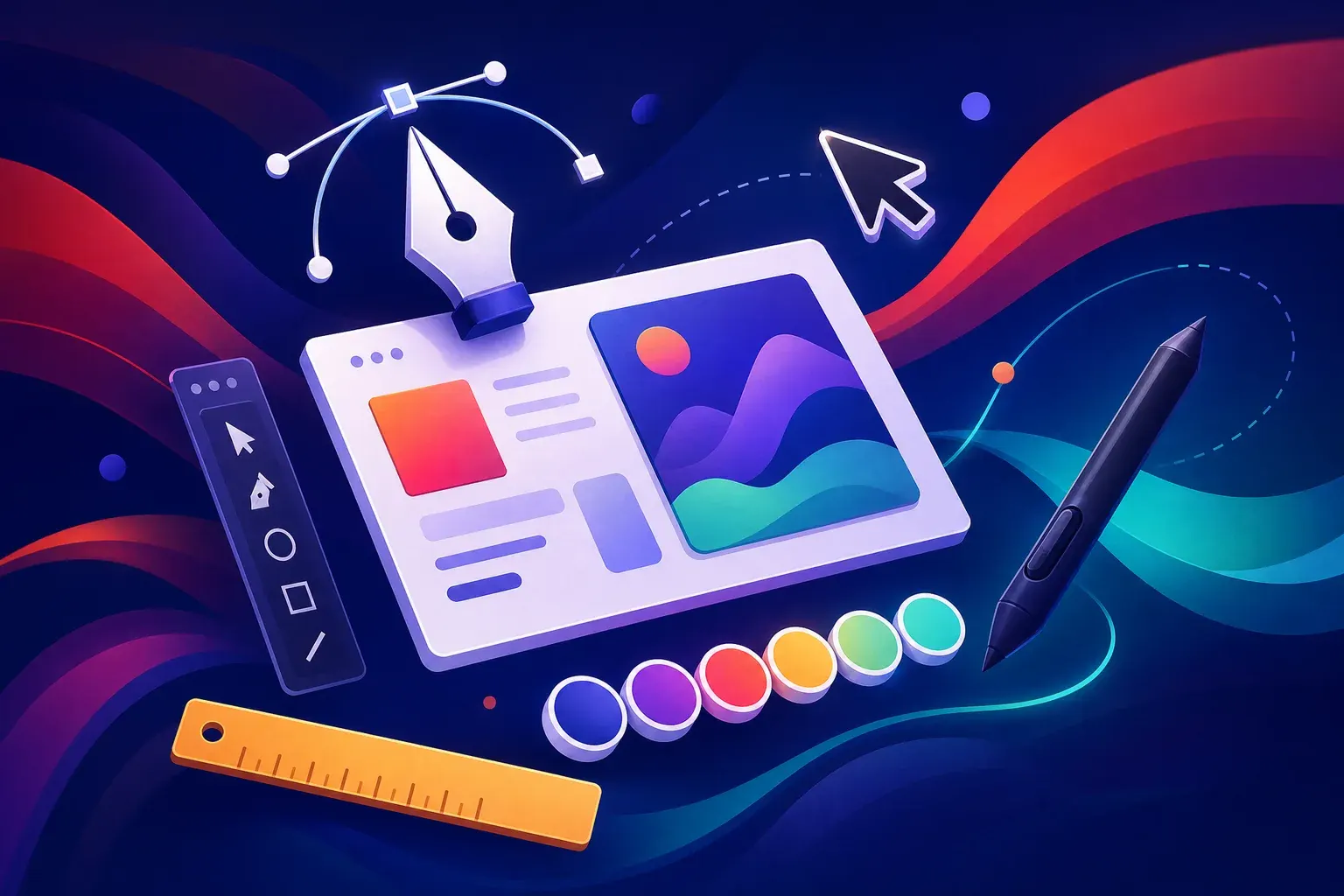 Illustration of a designer's toolkit fanned out in mid-air around a floating artboard, with a pen tool, colour swatches, a ruler and a cursor, representing professional design tools.