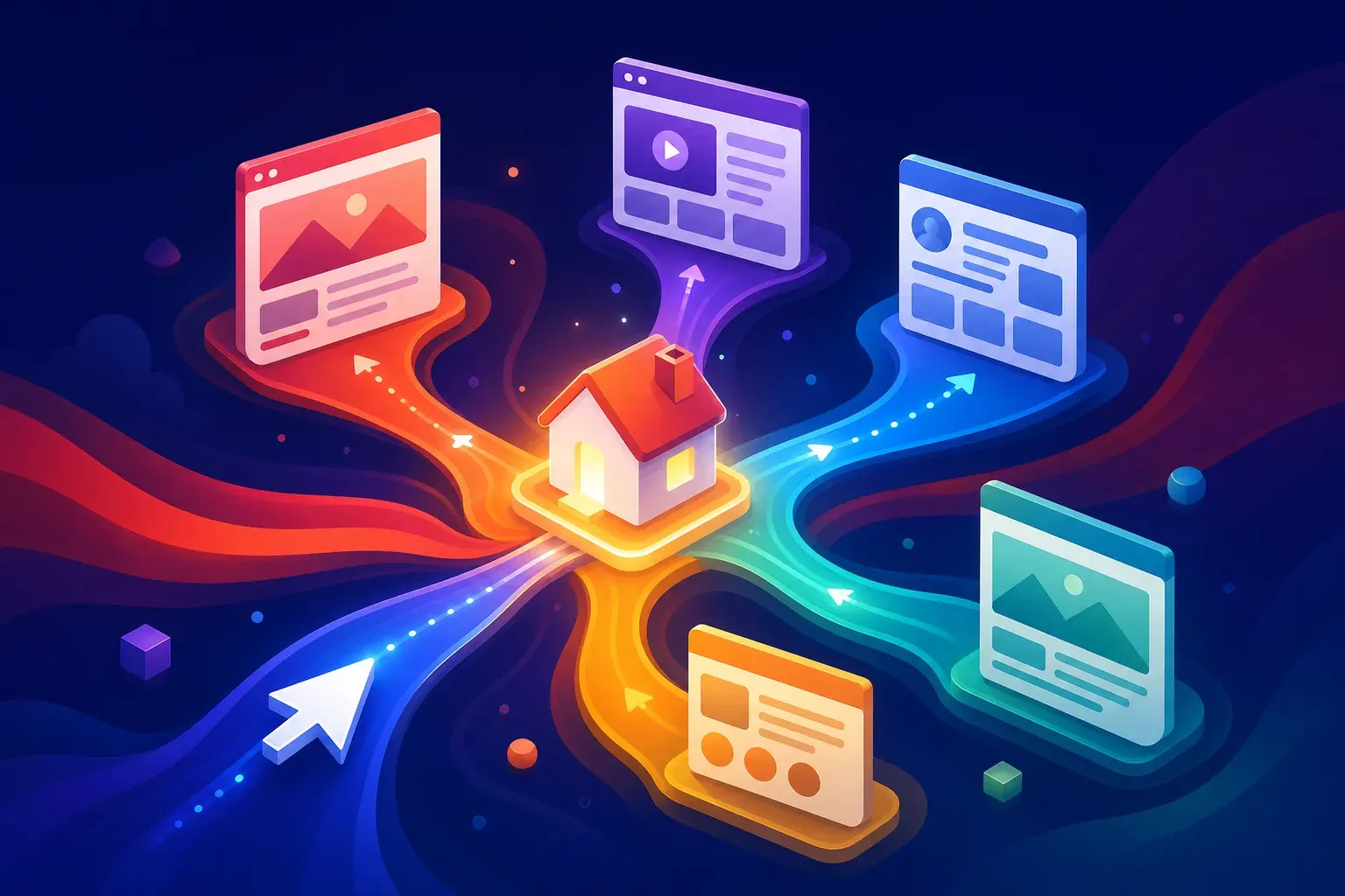 Illustration of a glowing house shape at the centre of diverging pathways fanning out to smaller page panels, with a cursor arrow entering from the edge.