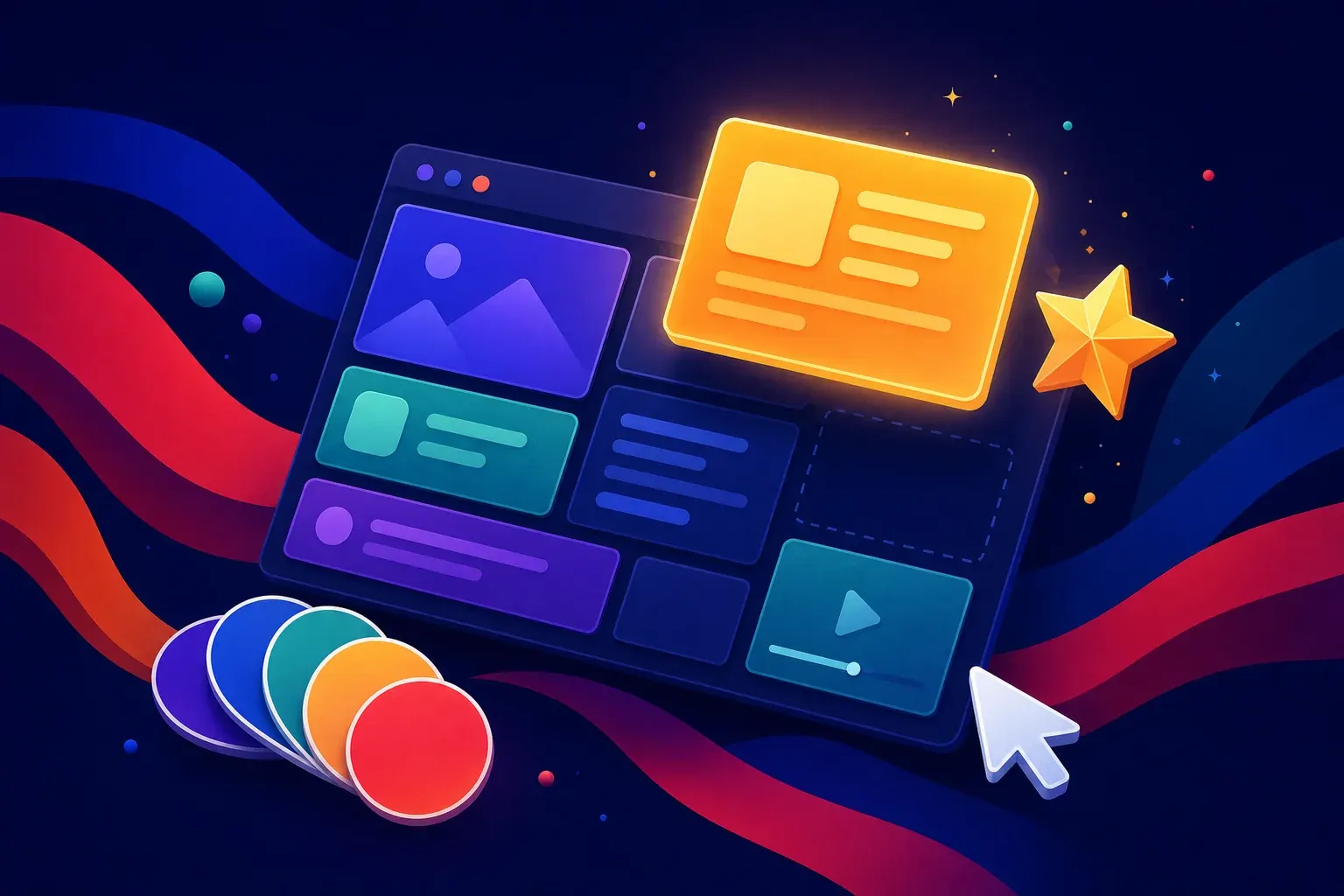 Illustration of a modular layout grid floating in space with one panel lifted and glowing, beside a star badge, a fan of colour swatches and a cursor arrow.