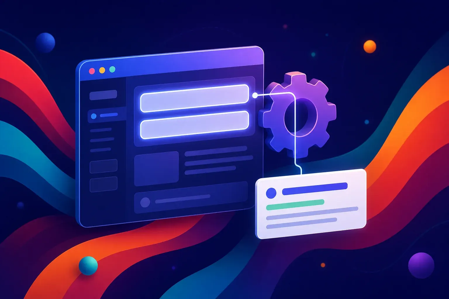 Illustration of a browser panel with two glowing input fields, a settings cogwheel beside it and a floating search result snippet built from abstract bars.