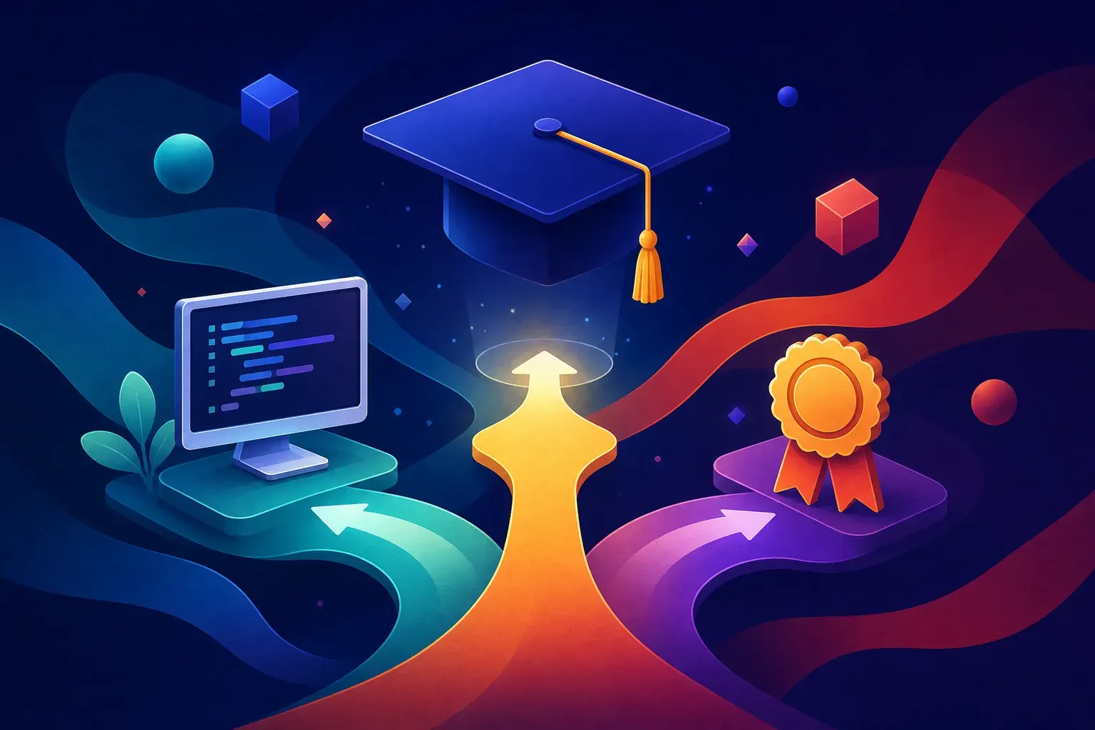 Illustration of a graduation cap above a path splitting into three glowing routes, one leading to a monitor of abstract code, representing degree options for web development.