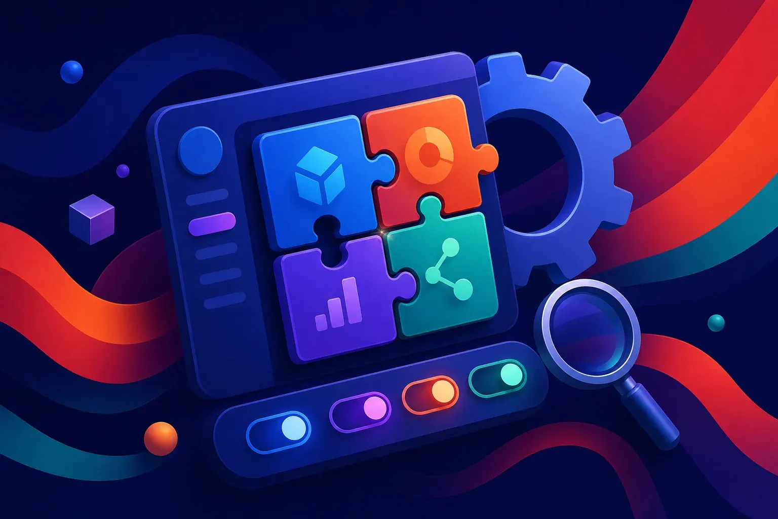 Illustration of puzzle pieces slotting into a dashboard panel beside a large cogwheel and a row of toggle switches, representing choosing between WordPress SEO plugins.