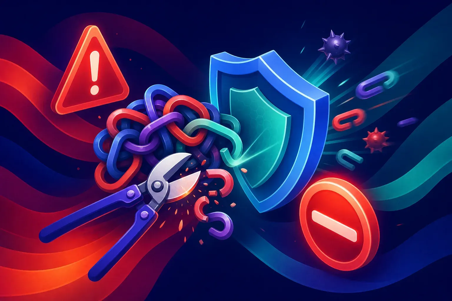 Illustration of a warning triangle and a red no-entry disc beside a tangled knot of link chains being cut away, with a protective shield deflecting them.