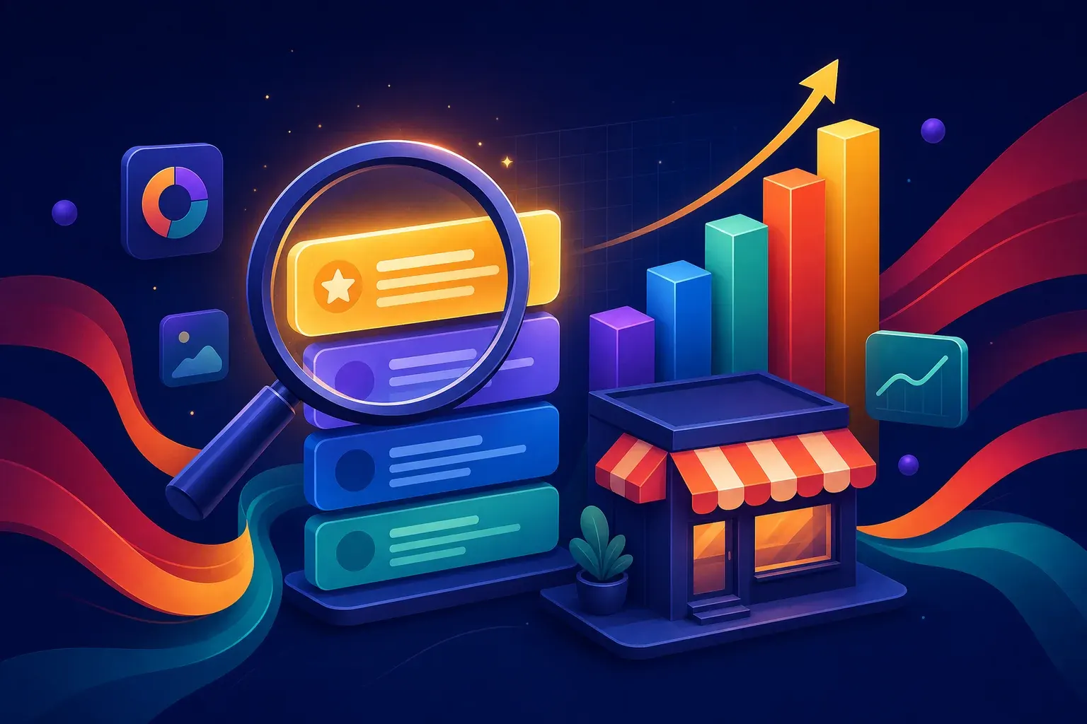 Illustration of a magnifying glass over a stacked ranking list of abstract result bars with the top bar glowing gold, a rising bar chart behind it and a small storefront at the base.