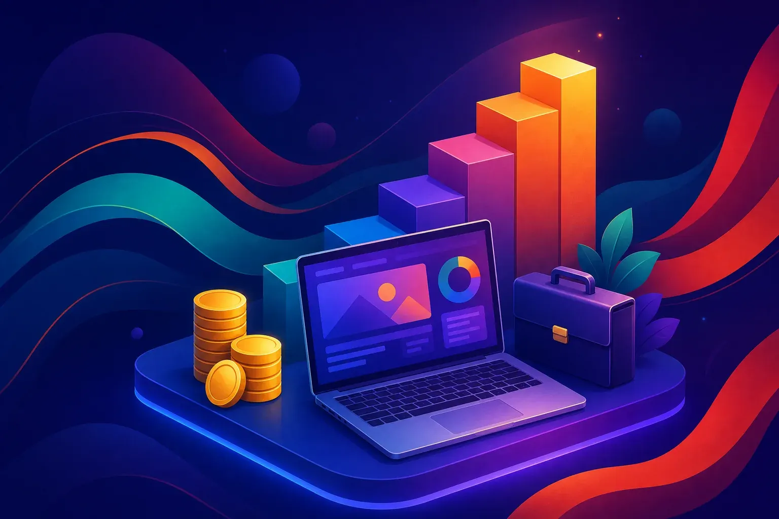 Illustration of a laptop on a glowing platform with an upward staircase of blocks rising behind it, a stack of gold coins and a briefcase, representing a growing design career.