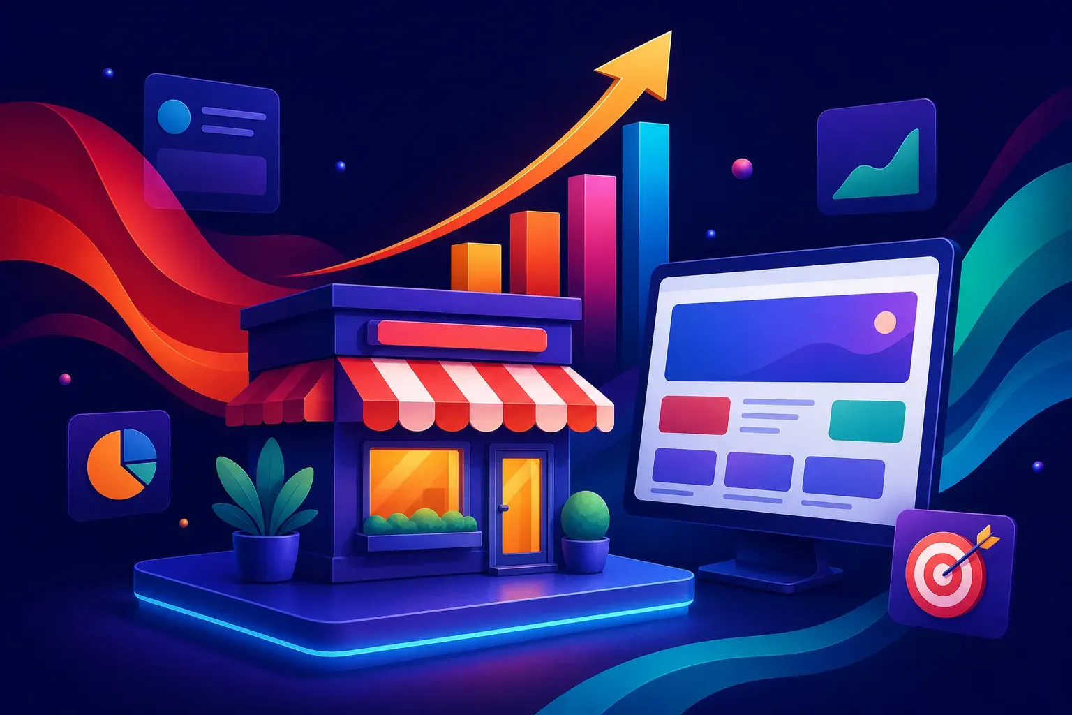 Illustration of a small shop with a striped awning on a glowing platform beside a monitor showing an abstract layout, with an upward arrow and rising bar chart lifting from the roofline.