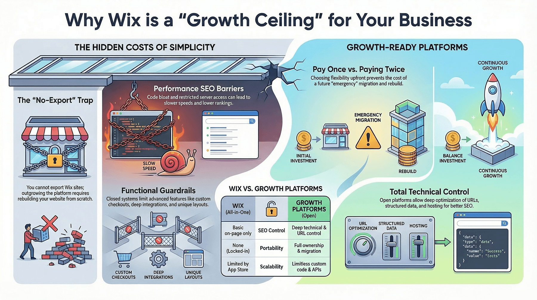 Comparison chart of Wix platform limitations for growing businesses