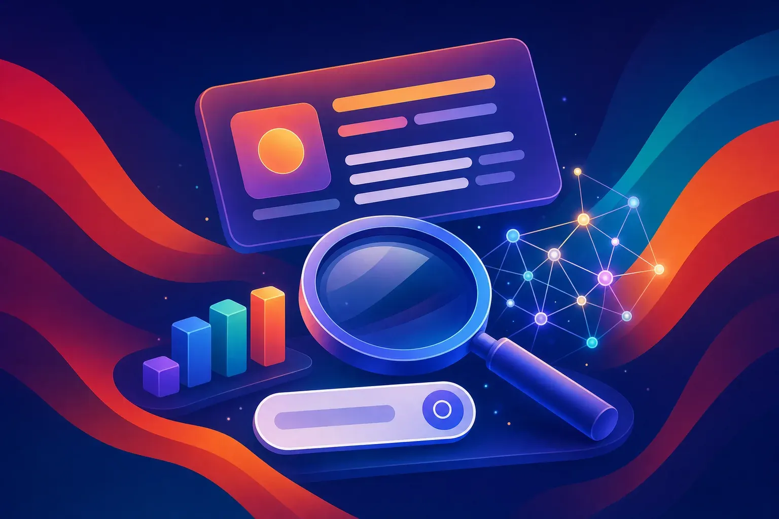 Illustration of a tilted magnifying glass beneath a floating answer panel of abstract text bars, linked to a constellation of glowing neural nodes and a rounded search bar.