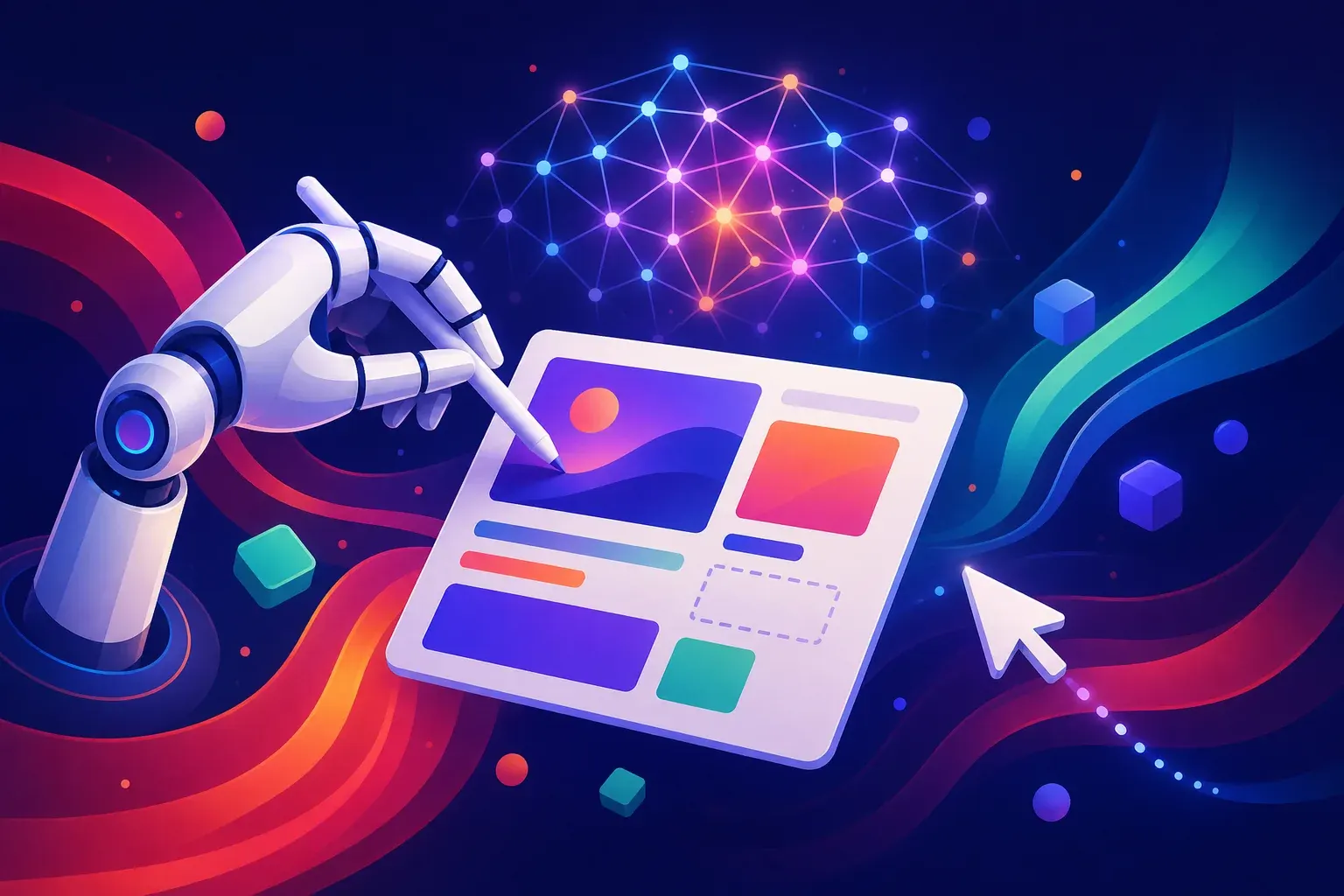 Illustration of a robotic arm holding a stylus over a design canvas of abstract layout blocks, a glowing neural lattice behind it and a human cursor approaching from the other side.